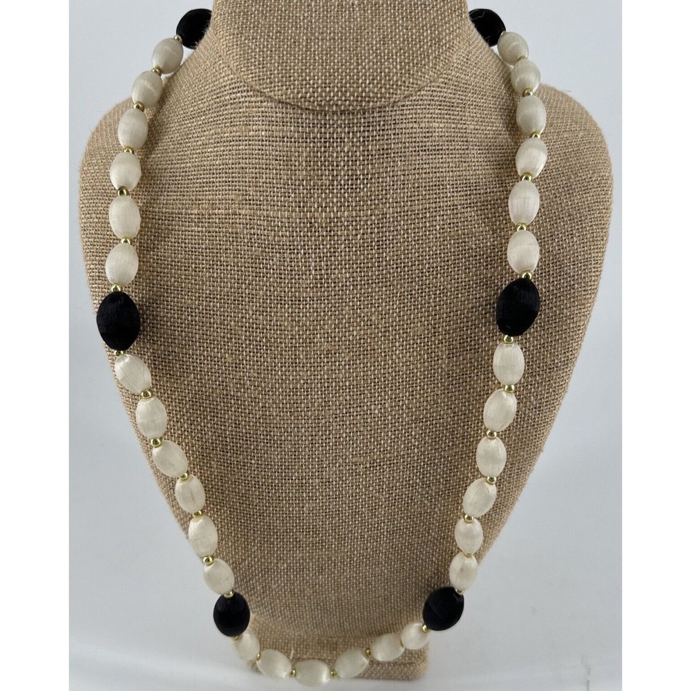 Vintage Silk Wrapped Bead Necklace Black White Gold Tone 26" Costume‎ Jewelry